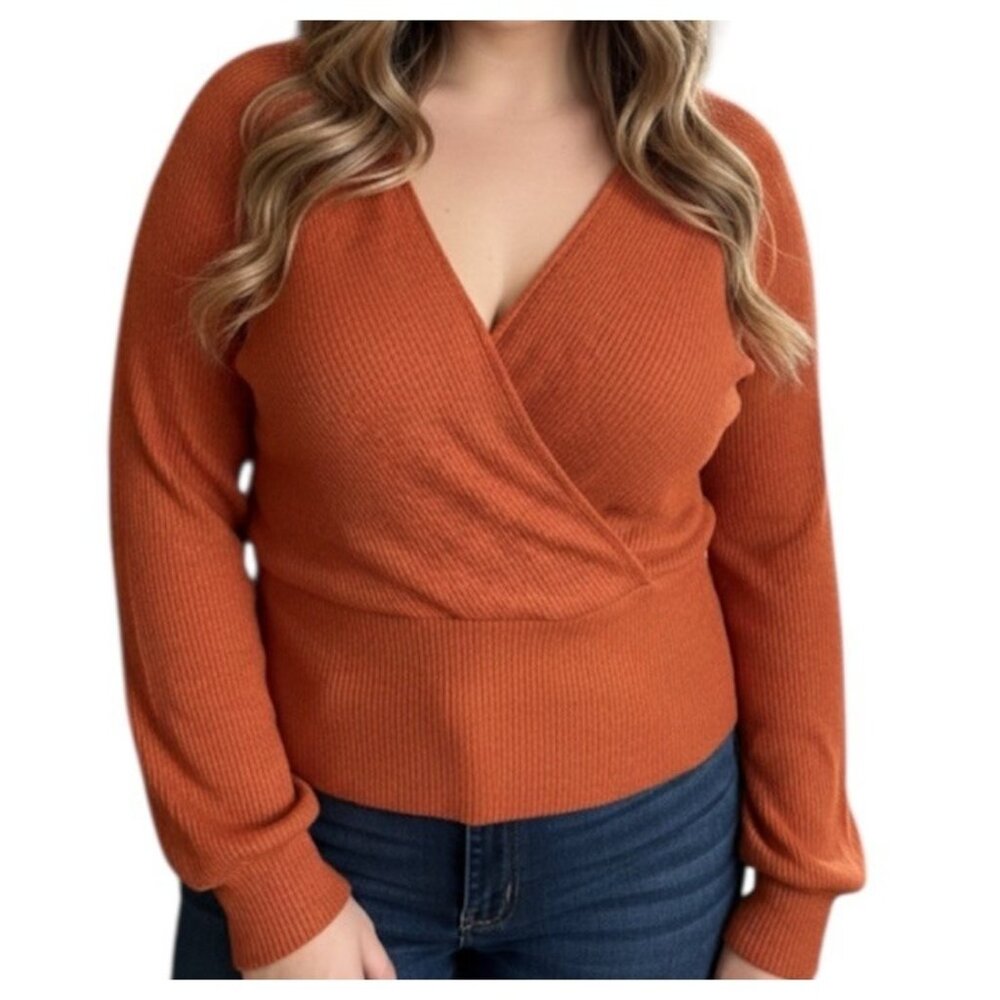Anthropologie Orange Ribbed Faux Wrap V-Neck Casual Knit Sweater Size XL